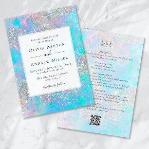 Teal Opal Stone Glitter All in One QR Wedding Invitation