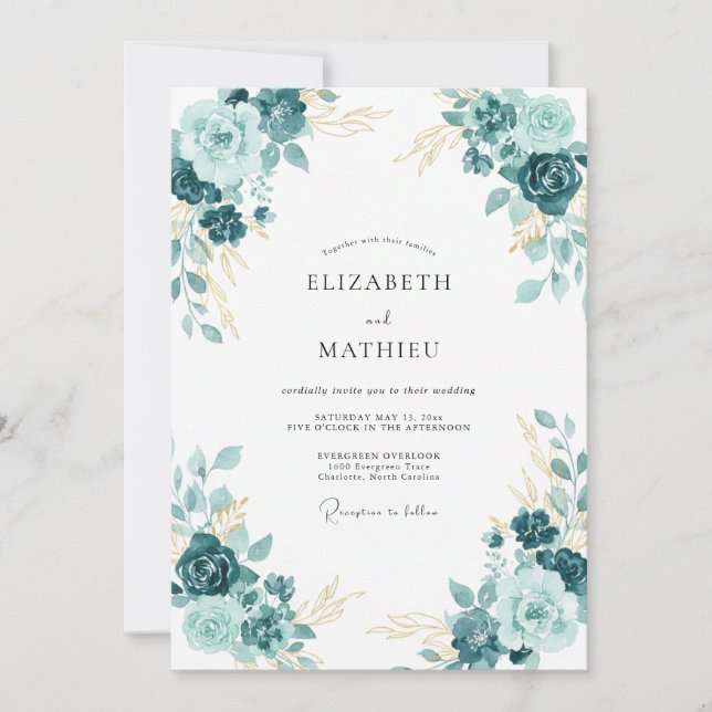 Teal Opulent Blossom Wedding Invitation (Front)