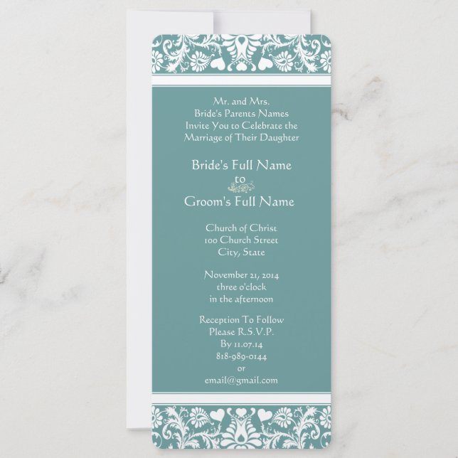 Teal or Any Color Damask Swirls Wedding Invitation (Front)