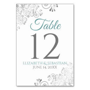 Teal or Turquoise & Grey Elegant Filigree Wedding Table Number