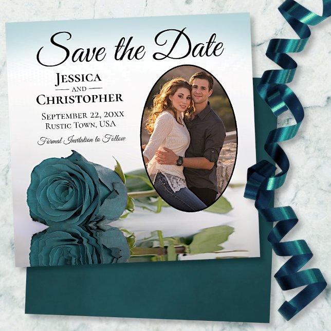 Teal or Turquoise Rose with Oval Photo Wedding Save The Date (Creator Uploaded)