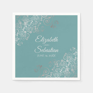 Teal or Turquoise Silver Frills Elegant Wedding Napkin