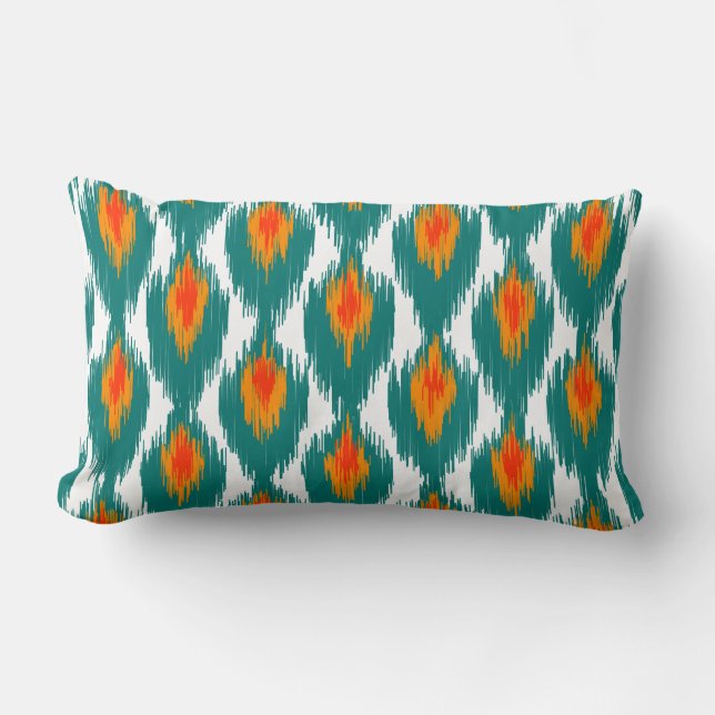 Teal Orange Abstract Tribal Ikat Diamond Pattern Lumbar Cushion (Front)