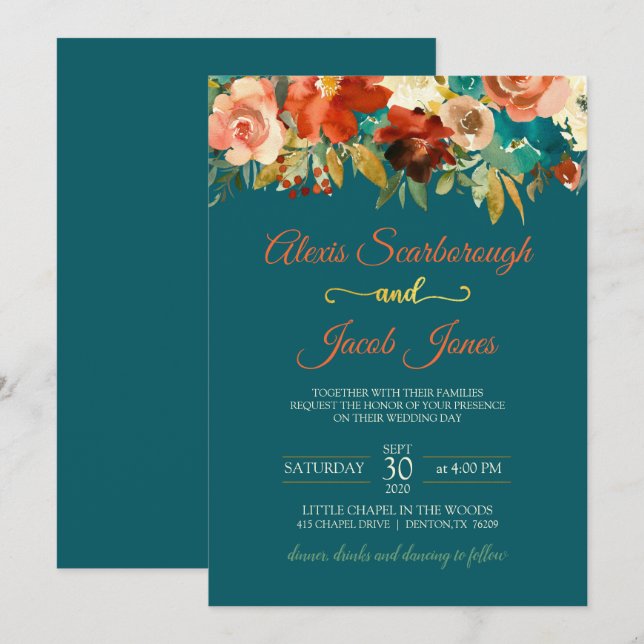 Teal, Orange and Gold Floral Wedding Invitation (Front/Back)