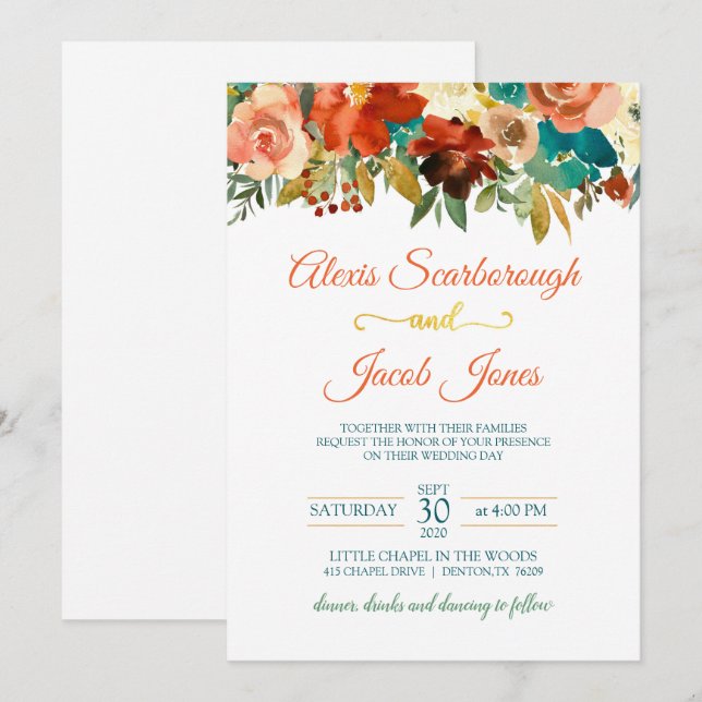 Teal, Orange and Gold Floral Wedding Invitation Wh (Front/Back)