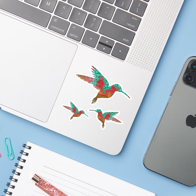 Teal Orange and Red Fractal Hummingbird Set (Laptop w/ iPhone)