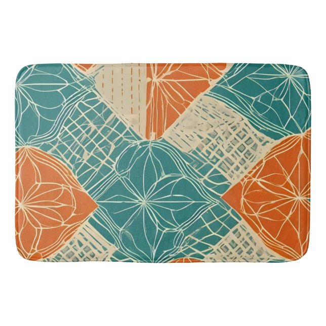 Teal, Orange, and Tan Abstract Flowers  Bath Mat (Front)