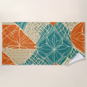 Teal, Orange, and Tan Abstract Flowers Beach Towel