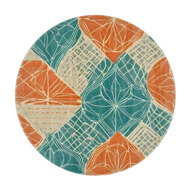 Teal, Orange, and Tan Abstract Flowers Cutting Board (Front)