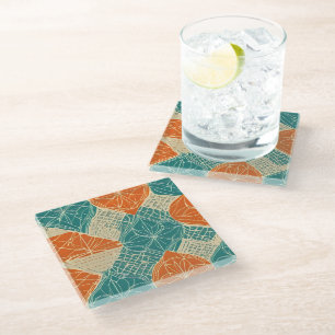 Teal, Orange, and Tan Abstract Flowers Glass Coaster