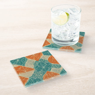 Teal, Orange, and Tan Abstract Flowers Glass Coaster
