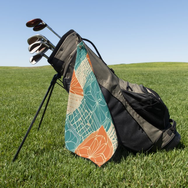 Teal, Orange, and Tan Abstract Flowers Golf Towel (Green)