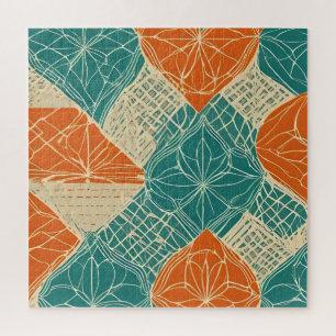 Teal, Orange, and Tan Abstract Flowers Jigsaw Puzzle