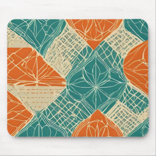 Teal, Orange, and Tan Abstract Flowers Mouse Mat