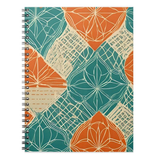 Teal, Orange, and Tan Abstract Flowers Notebook (Front)