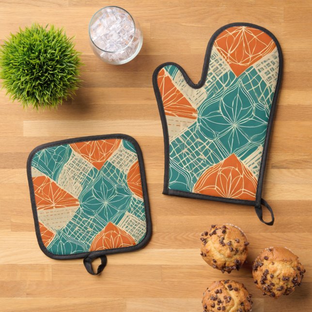Teal, Orange, and Tan Abstract Flowers Oven Mitt & Pot Holder Set (Top Down)