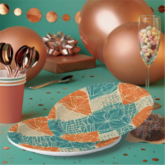 Teal, Orange, and Tan Abstract Flowers Paper Plate