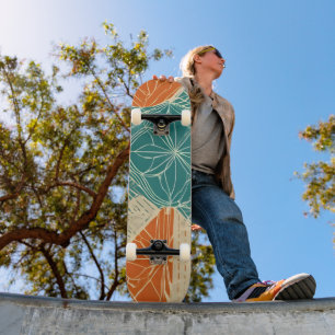 Teal, Orange, and Tan Abstract Flowers  Skateboard