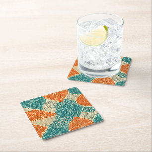 Teal, Orange, and Tan Abstract Flowers Square Paper Coaster