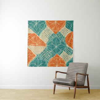 Teal, Orange, and Tan Abstract Flowers Tapestry