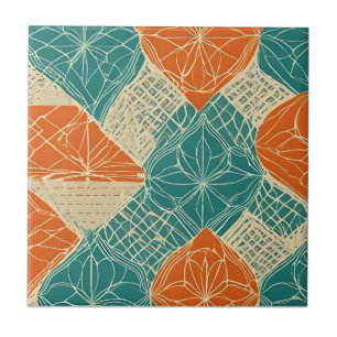 Teal, Orange, and Tan Abstract Flowers Tile