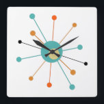 Teal Orange Atomic Era Starburst Mid Century Square Wall Clock<br><div class="desc">This colourful mid century modern clock features an atomic starburst in turquoise blue,  two shades of orange,  and black. So fun to add to your wall!</div>