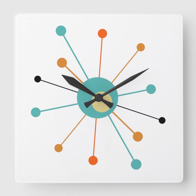 Teal Orange Atomic Era Starburst Mid Century Square Wall Clock (Front)