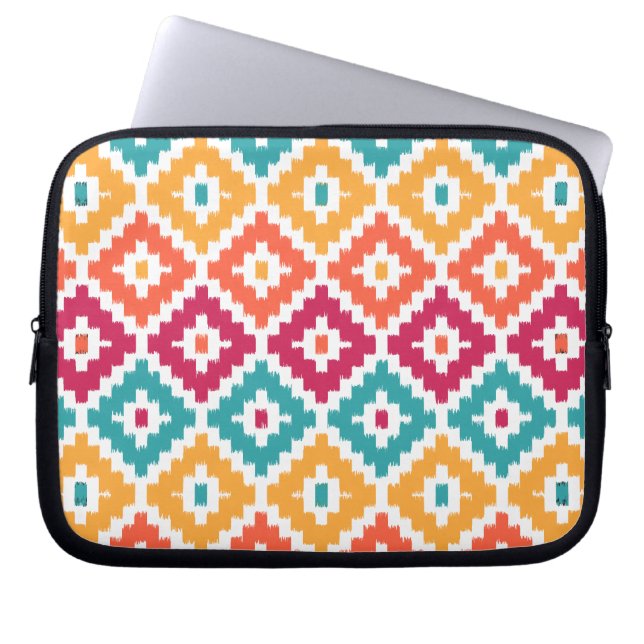 Teal Orange Aztec Tribal Print Ikat Diamond Pattrn Laptop Sleeve (Front)