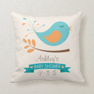Teal & Orange Bird on Branch Baby Shower Cushion