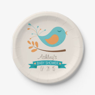 Teal & Orange Bird on Branch Baby Shower Paper Plate