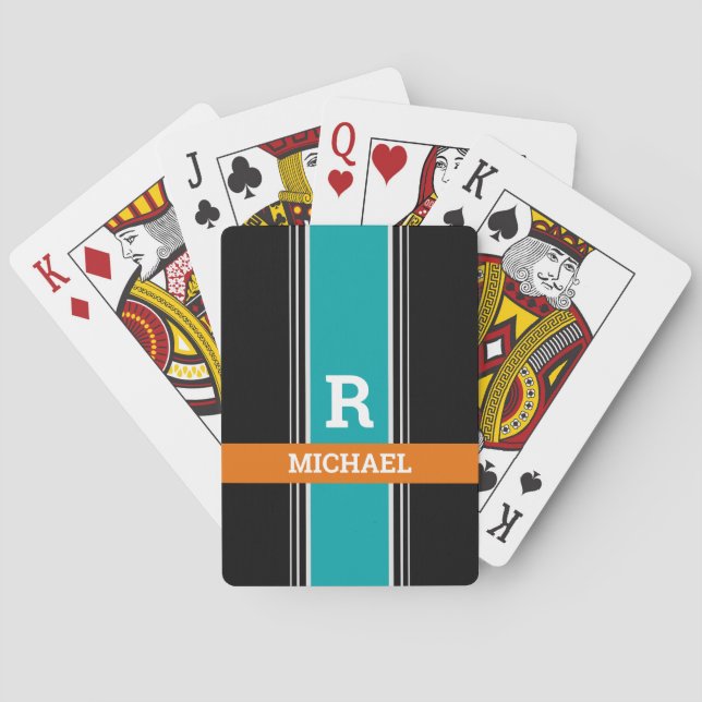Teal Orange & Black Stripes, Bold Monogram & Name Playing Cards (Back)