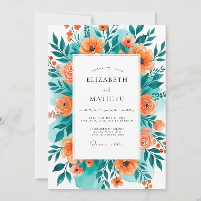 Teal Orange Blissful Summer Wedding Invitation (Front)