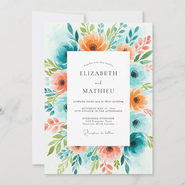 Teal Orange Bloom Wedding Invitation (Front)