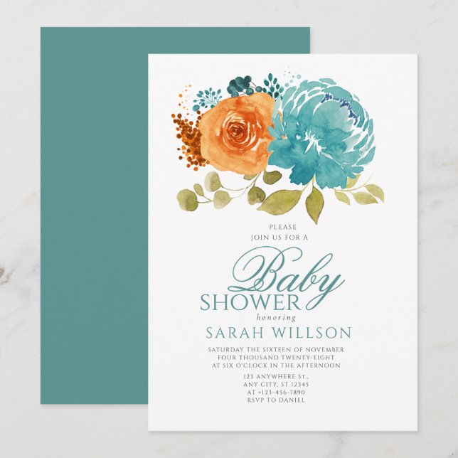 Teal Orange Boho FallTerracotta Floral Baby Shower Invitation (Front/Back)