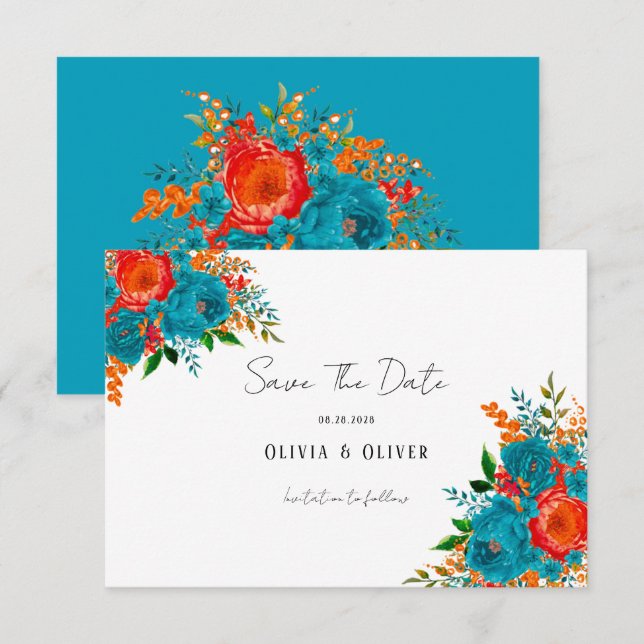 Teal Orange Botanical Floral Wedding Save The Date (Front/Back)