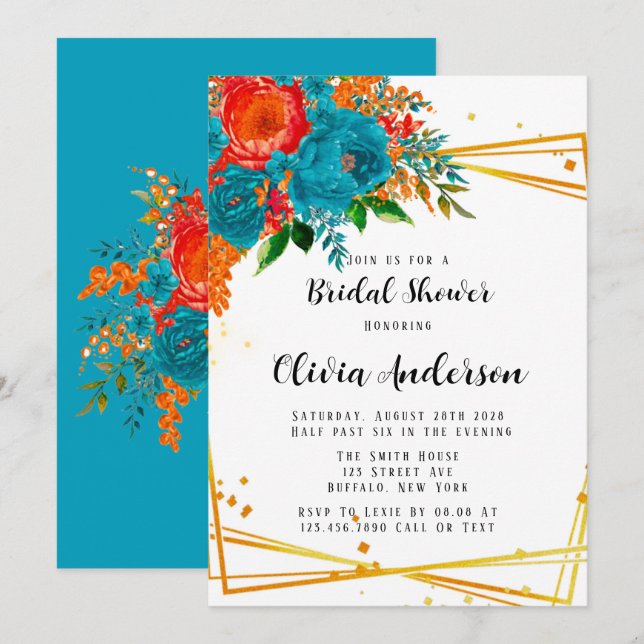 Teal Orange Botanical Florals Gold Bridal Shower I Invitation (Front/Back)