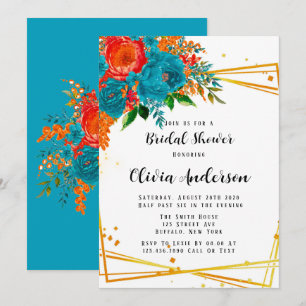 Teal Orange Botanical Florals Gold Bridal Shower I Invitation