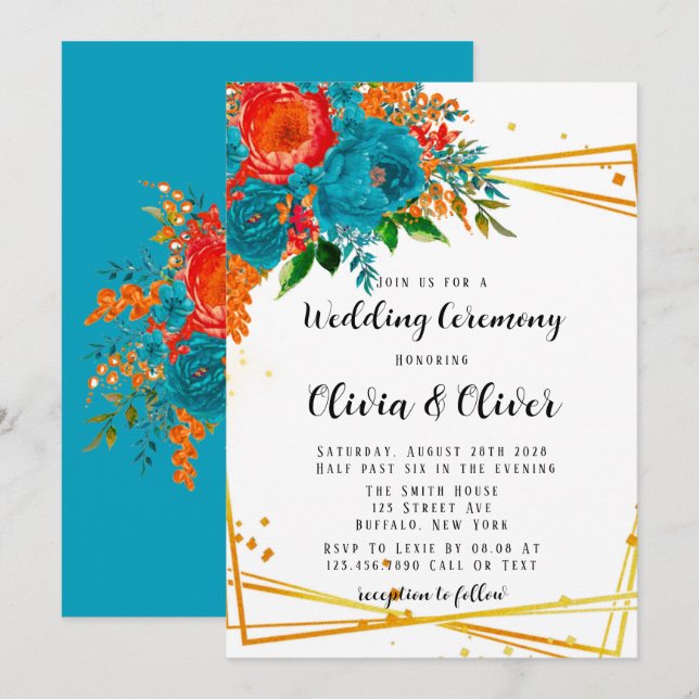 Teal Orange Botanical Florals Gold Wedding Invitation (Front/Back)
