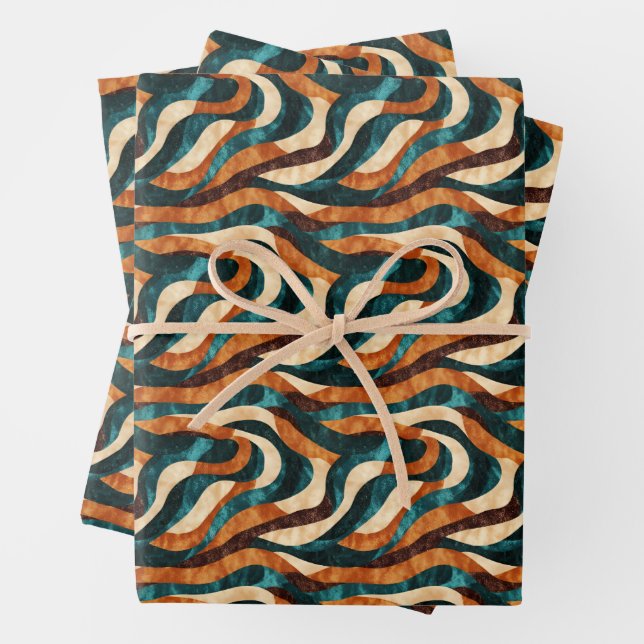 Teal / Orange / Brown Abstract Swirling Lines Wrapping Paper Sheet (In situ)