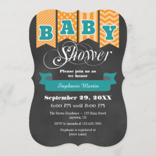 Teal Orange Chalkboard Flag Baby Shower Invite