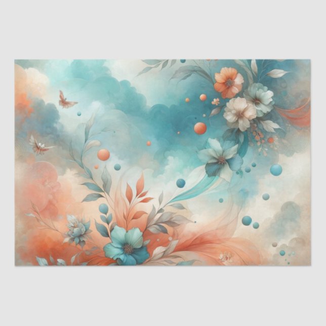 Teal, Orange, Cream Muted Flower Pattern Tissue Paper (Front)