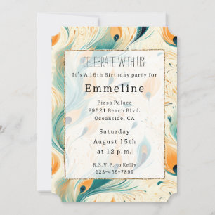 Teal Orange Cream Peacock Feathers Invitation