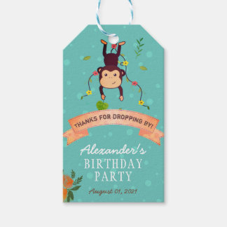 Teal & Orange Cute Customisable Monkey Birthday Gift Tags
