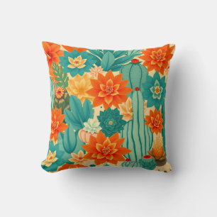 Teal Orange Desert Cactus Bloom Cushion