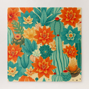 Teal Orange Desert Cactus Bloom Jigsaw Puzzle