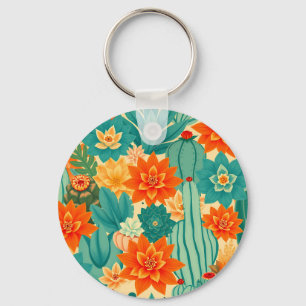 Teal Orange Desert Cactus Bloom Key Ring