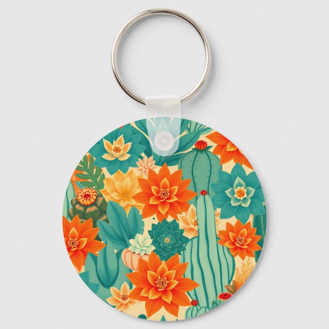 Teal Orange Desert Cactus Bloom Key Ring (Front)