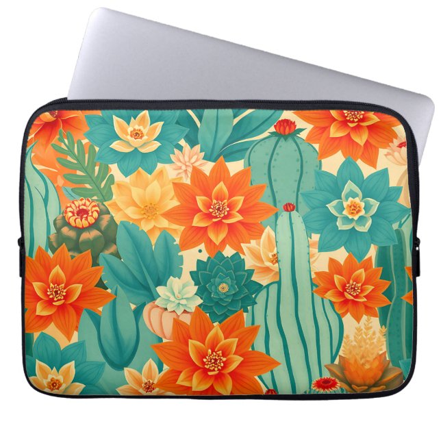 Teal Orange Desert Cactus Bloom Laptop Sleeve (Front)