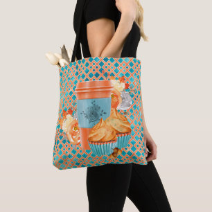 TEAL & ORANGE FALL CUPCAKES COFFEE CUP FLOWERS TOTE BAG