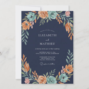 Teal Orange Floral Flourish Wedding Invitation